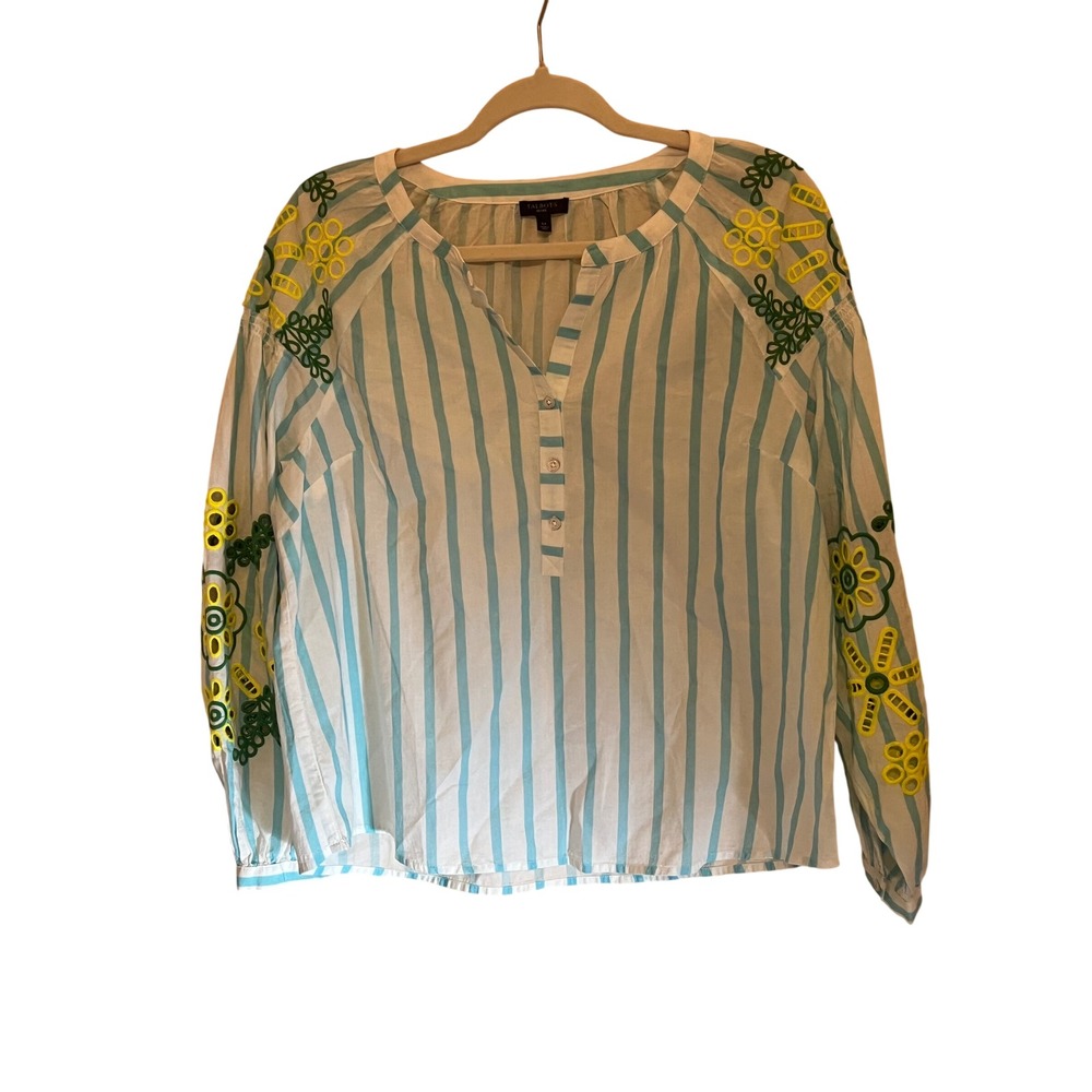 Talbots Petite Large Cotton Boho‎ Vacation Resort Blouse Blue White Striped - Picture 2 of 7